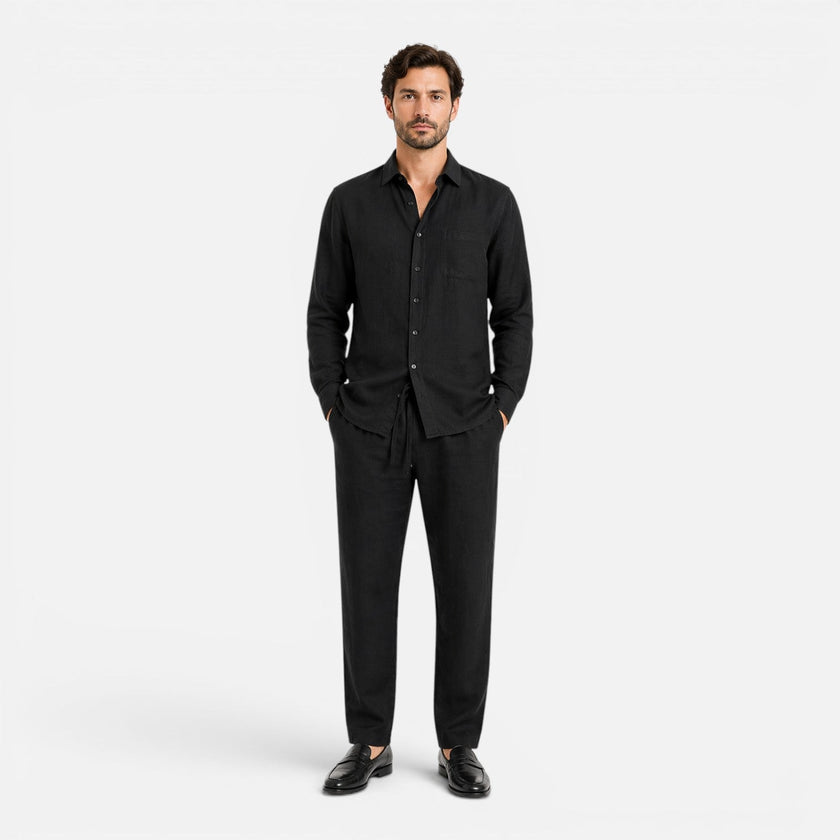 Men's FJØRNA linen summer outfit, breathable lightweight two-piece set with collar and buttons, ideal for warm weather.