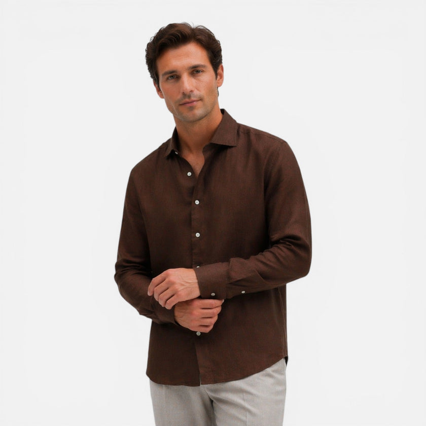 Men's slim fit linen shirt by FJØRNA, lightweight summer business casual men's shirt in breathable linen fabric.