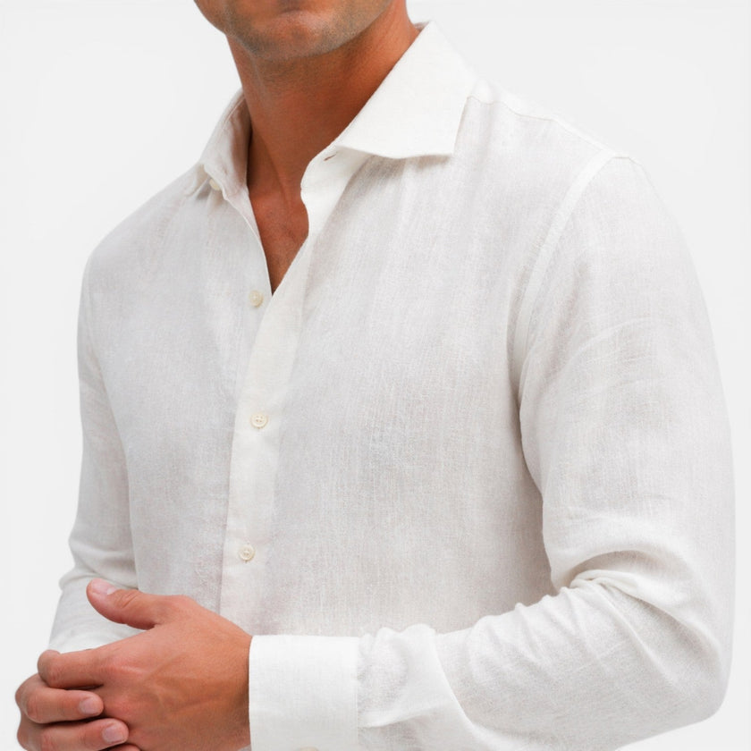 Men's slim fit linen shirt by FJØRNA, lightweight and suitable for summer or casual business wear, shown in a relaxed fit.