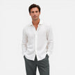 Men's lightweight linen shirt by FJØRNA, slim fit summer casual shirt for men, shown in natural fabric with a relaxed fit.