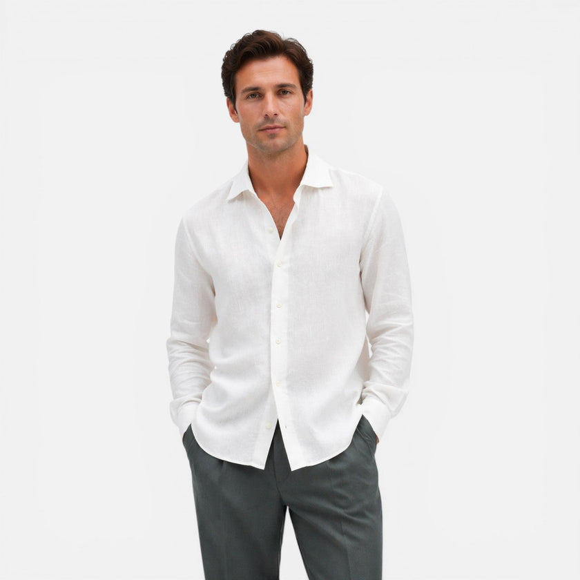 Men's lightweight linen shirt by FJØRNA, slim fit summer casual shirt for men, shown in natural fabric with a relaxed fit.