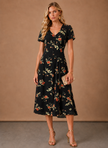 FJØRNA women's floral midi dress with button front and short sleeves, stylish and lightweight for casual or semi-formal wear.