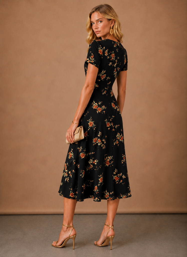 FJØRNA women's floral midi dress with button front, short sleeves, lightweight fabric, perfect for spring and summer wear.