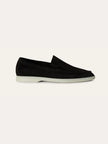 Men's black suede calfskin moccasins by FJØRNA, stylish men's shoes with a smooth suede finish and classic loafer design.