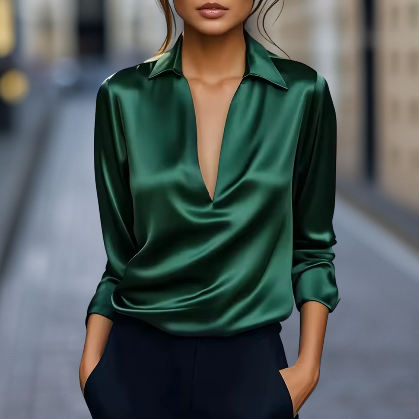Emerald green satin V-neck long sleeve summer blouse for women, stylish FJØRNA top with wide-leg design in London setting