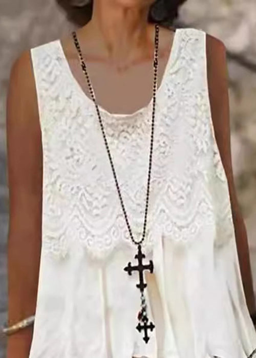 FJØRNA loose white sleeveless midi dress with O-neck and lace patchwork, stylish and comfortable for casual or semi-formal wear.