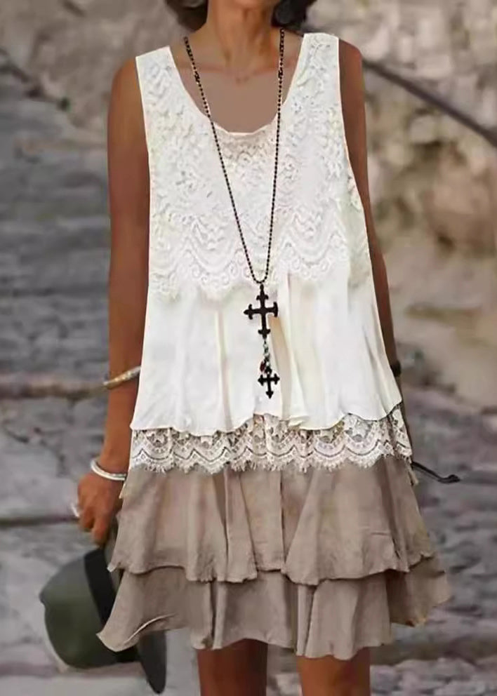 FJØRNA loose white sleeveless midi dress with lace patchwork and O-neck, perfect for casual or semi-formal occasions