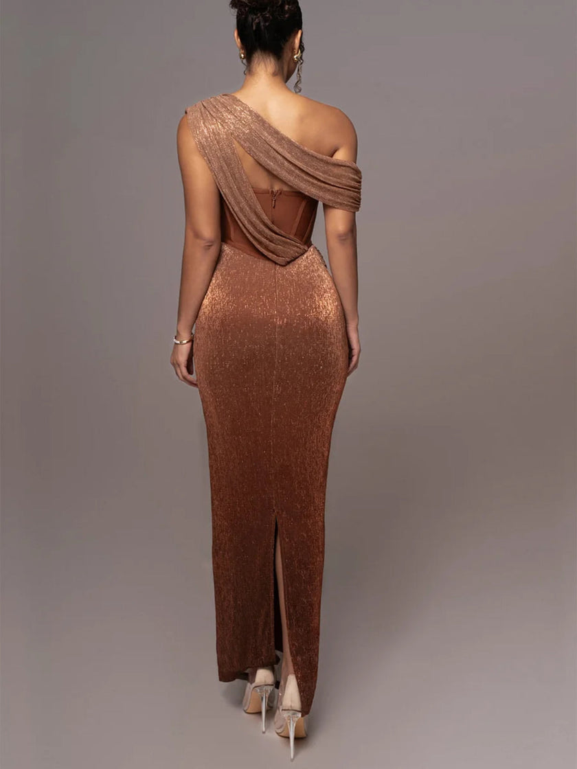 FJØRNA Maxine Divine Allure Draped Maxi Dress in white, flowing fabric with elegant draping and a stylish maxi length.