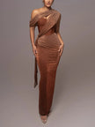 FJØRNA Maxine Divine Allure Draped Maxi Dress in white, flowing fabric with elegant draping, perfect for formal occasions