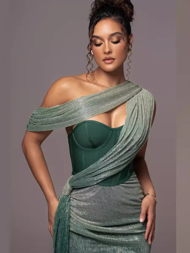 FJØRNA Maxine Divine Allure Draped Maxi Dress in white, elegant flowing fabric with draped design, full-length maxi dress for women.
