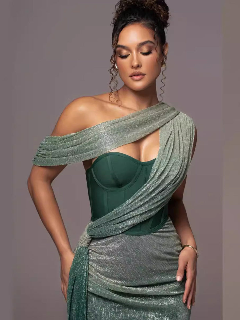 FJØRNA Maxine Divine Allure Draped Maxi Dress in white, elegant flowing fabric with draped design, full-length maxi dress for women.