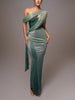 FJØRNA Maxine Divine Allure Draped Maxi Dress in white, flowing fabric with elegant draping and a stylish silhouette.