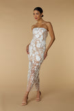 FJØRNA Willow strapless midi dress in ivory with floral 3D lace, showcasing a fitted bodice and flowing skirt.
