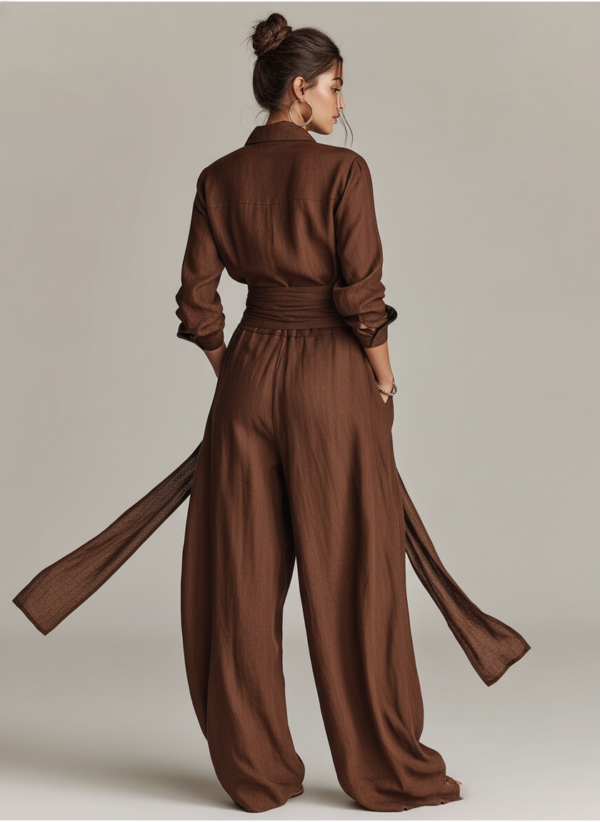FJØRNA women's cotton-linen jumpsuit with shirt collar, long sleeves, and belt, featuring stylish pant design.