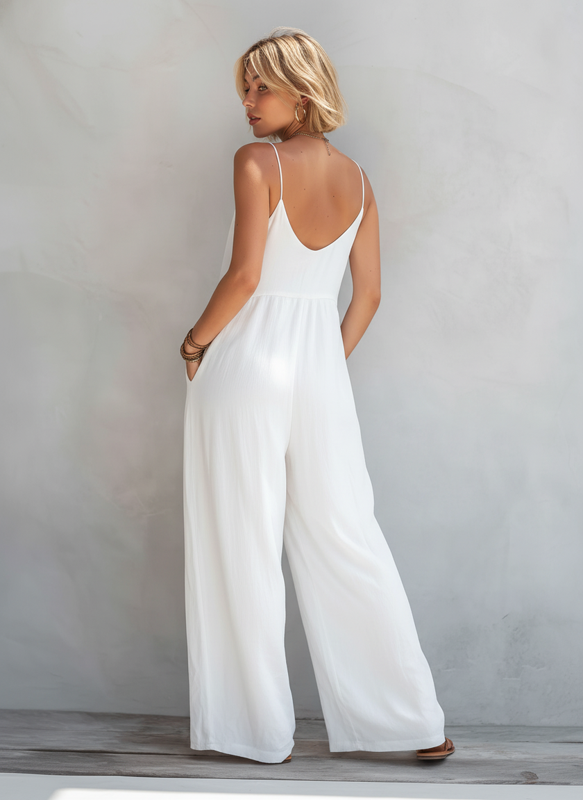 Women’s loose-fit cotton-linen sleeveless jumpsuit with square neck and wide-leg pants by FJØRNA, shown in natural fabric detail.