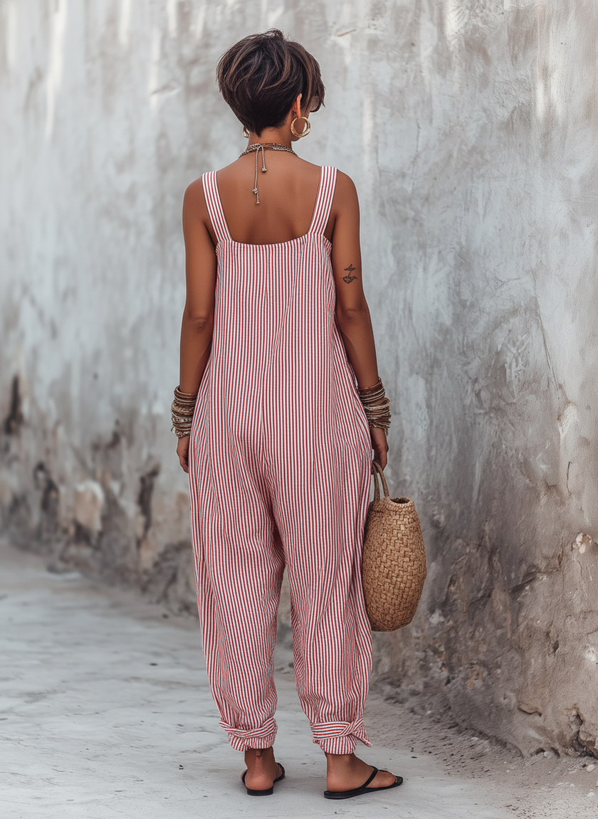 FJØRNA striped sleeveless women's jumpsuit with square neck, loose-fit, wide-leg pants, and vertical stripe pattern.