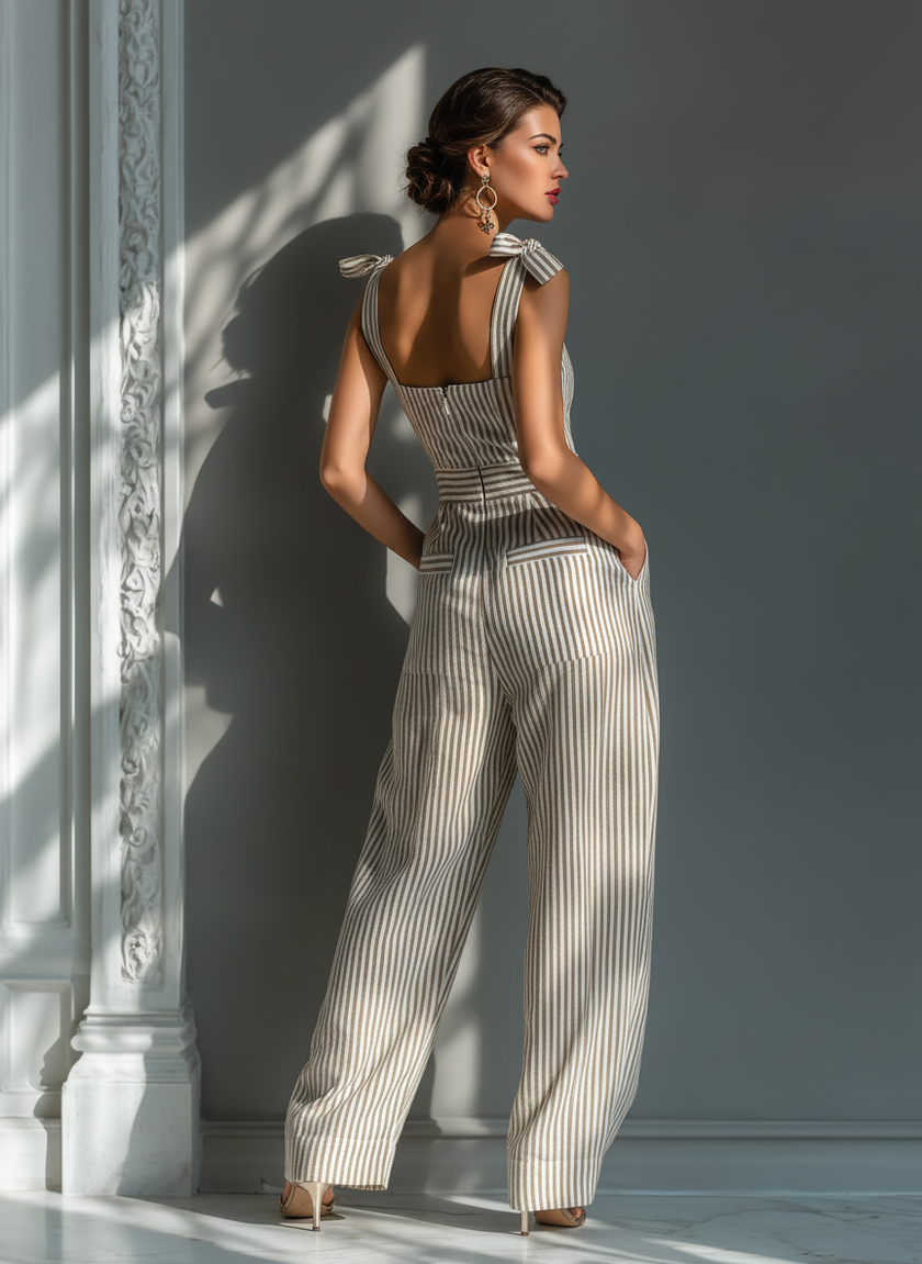 FJØRNA women's striped linen-blend jumpsuit with square neck, tie straps, and wide-leg pants, stylish and comfortable for warm weather.