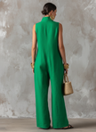 FJØRNA linen-blend sleeveless jumpsuit for women with stand collar, single-breasted design, loose-fit, stylish pants.