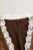 FJØRNA brown suede lace sleeve western shirt for women, stylish blouse with lace accents and long sleeves, casual western-inspired design.