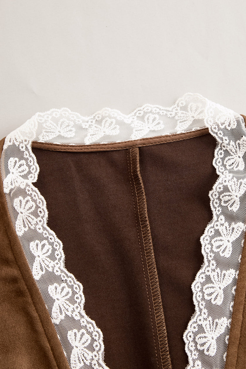 FJØRNA brown suede lace sleeve western shirt for women, stylish blouse with lace accents and long sleeves, casual western-inspired design.