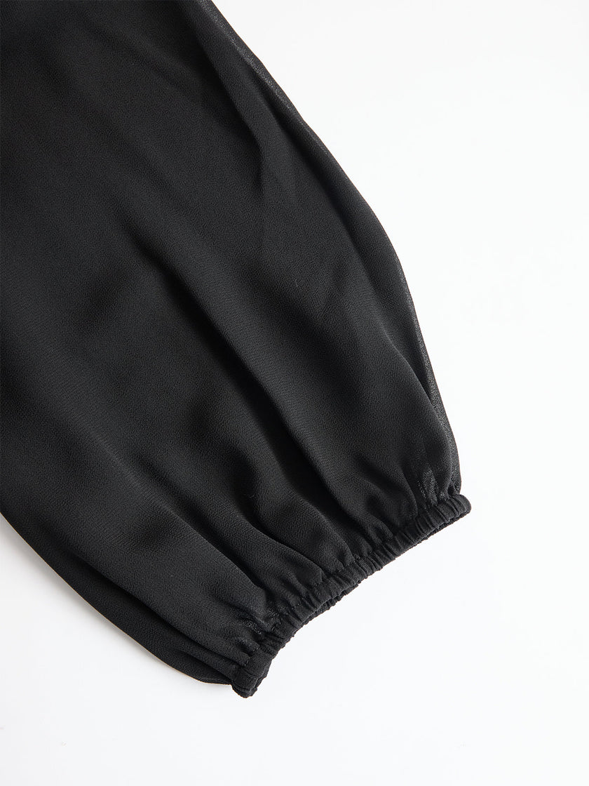 FJØRNA black chiffon top with wide-leg trousers three-piece set, elegant pants set featuring flowing fabric and stylish design.