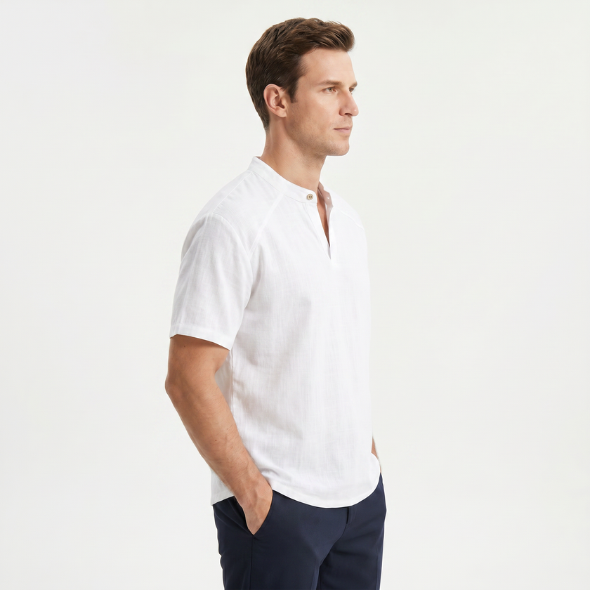 Men's linen short sleeve Henley T-shirt by FJØRNA, showcasing lightweight fabric and classic design in a casual fit.