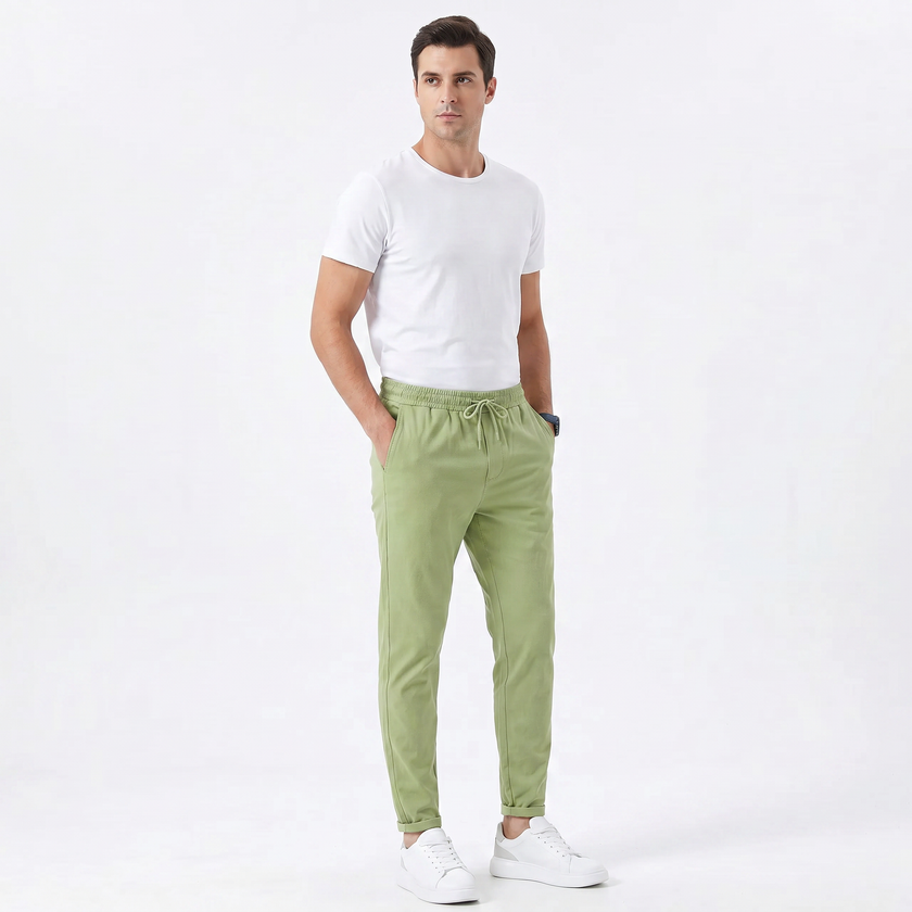 Men's stretchable comfort trousers by FJØRNA, showing the tailored fit and fabric texture of the men's pants.