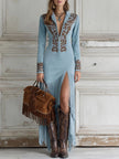 FJØRNA embroidered fringe midi dress with deep V neck, long sleeves, and detailed fringe embellishments for summer wear.