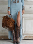 FJØRNA embroidered fringe midi dress with deep V neck, long sleeves, and detailed fringe accents, perfect for summer events.