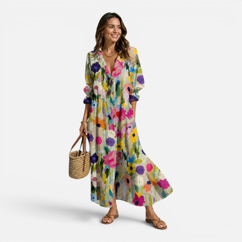 Lightweight women's bohemian maxi dress by FJØRNA featuring button details and a relaxed fit, perfect for summer wear.