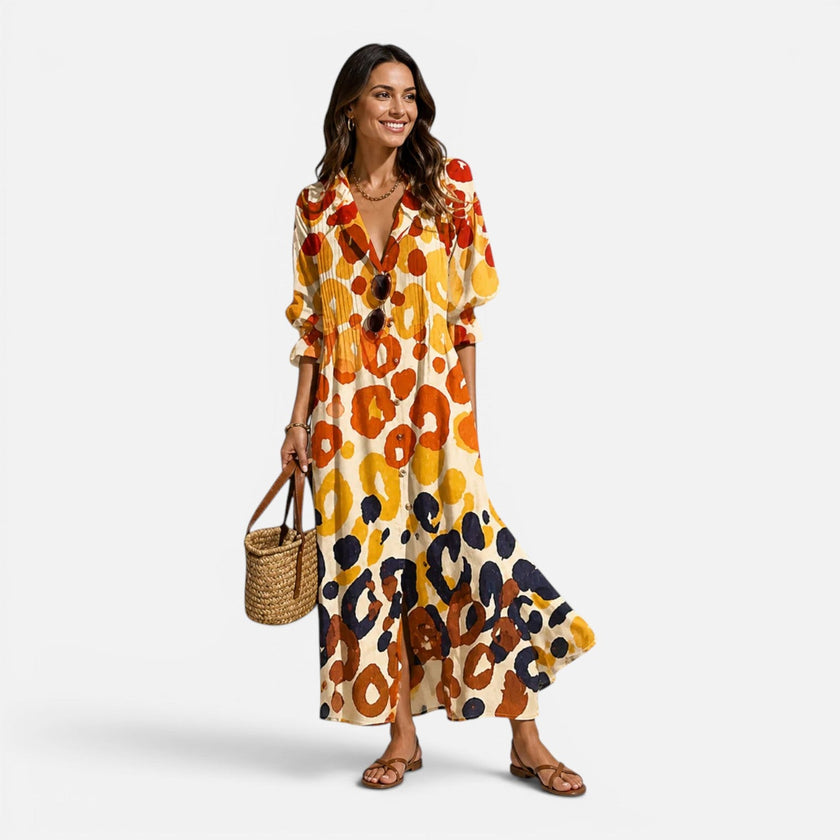Lightweight women's bohemian maxi dress by FJØRNA featuring button details and relaxed fit, perfect for summer wear.