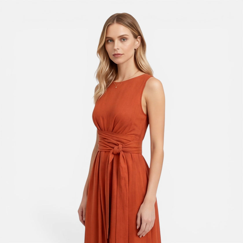 Elegant women's summer maxi dress by FJØRNA featuring a twist waist and sleeveless design, perfect for warm-weather occasions.