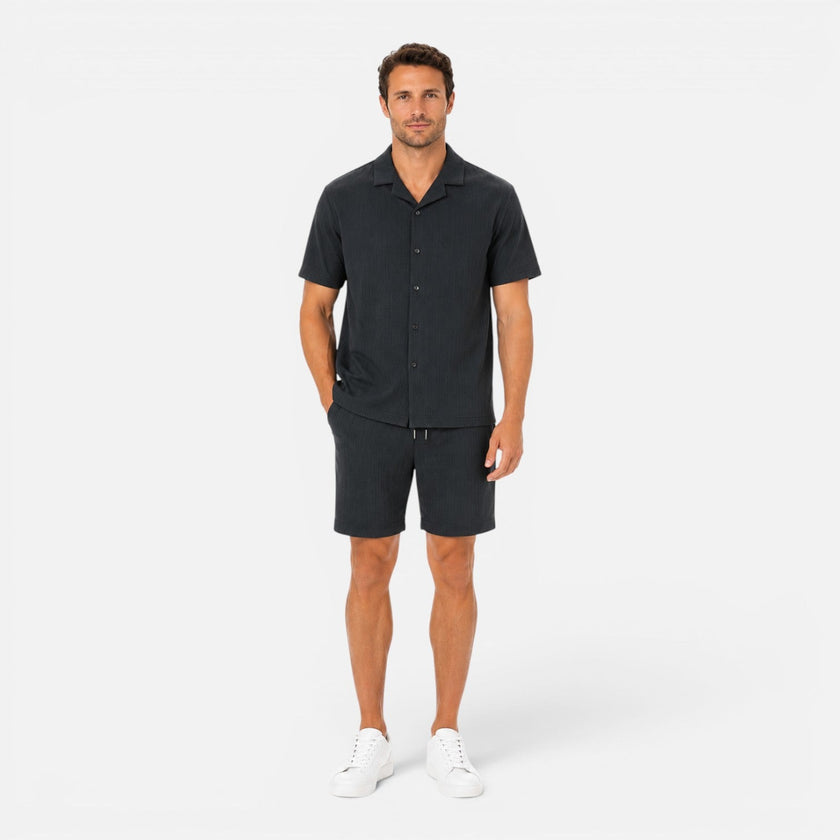 Men's lightweight summer textured shirt and shorts set by FJØRNA, casual and stylish for warm weather wear.