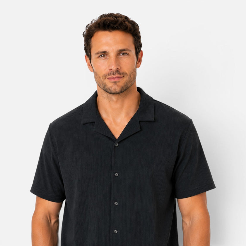 Men's lightweight textured shirt and shorts summer set by FJØRNA, casual and comfortable for warm weather outdoor wear.