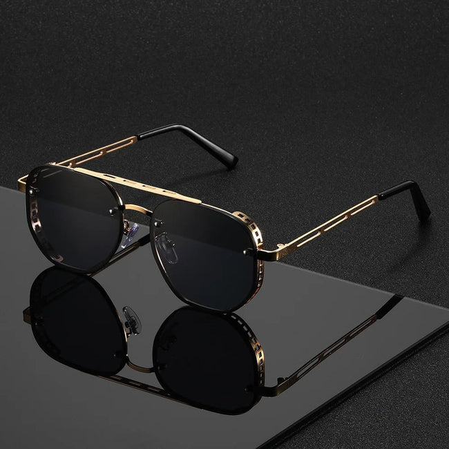 Men wearing FJØRNA square pilot aviator sunglasses with UV400 protection, showcasing stylish eyewear with a metal frame and tinted lenses.