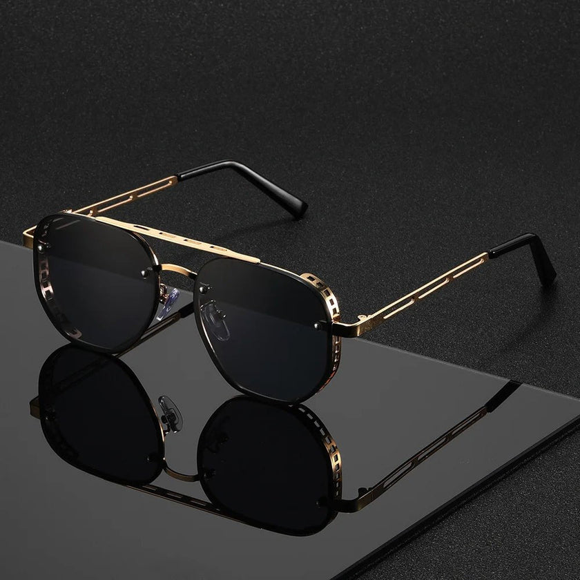 Men wearing FJØRNA square pilot aviator sunglasses with UV400 protection, showcasing stylish eyewear with a metal frame and tinted lenses.