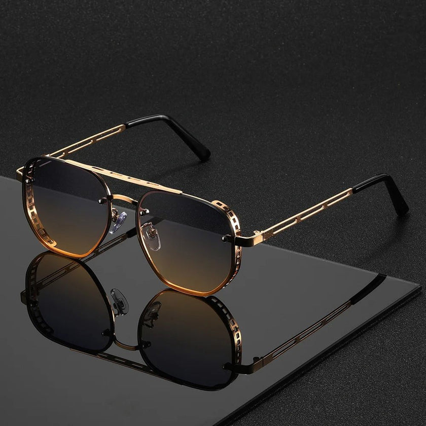 Men wearing FJØRNA square pilot aviator sunglasses with UV400 protection, showcasing sleek black frames and tinted lenses.