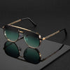 Men wearing FJØRNA square pilot aviator sunglasses with UV400 protection, featuring dark tinted lenses and metal frames.