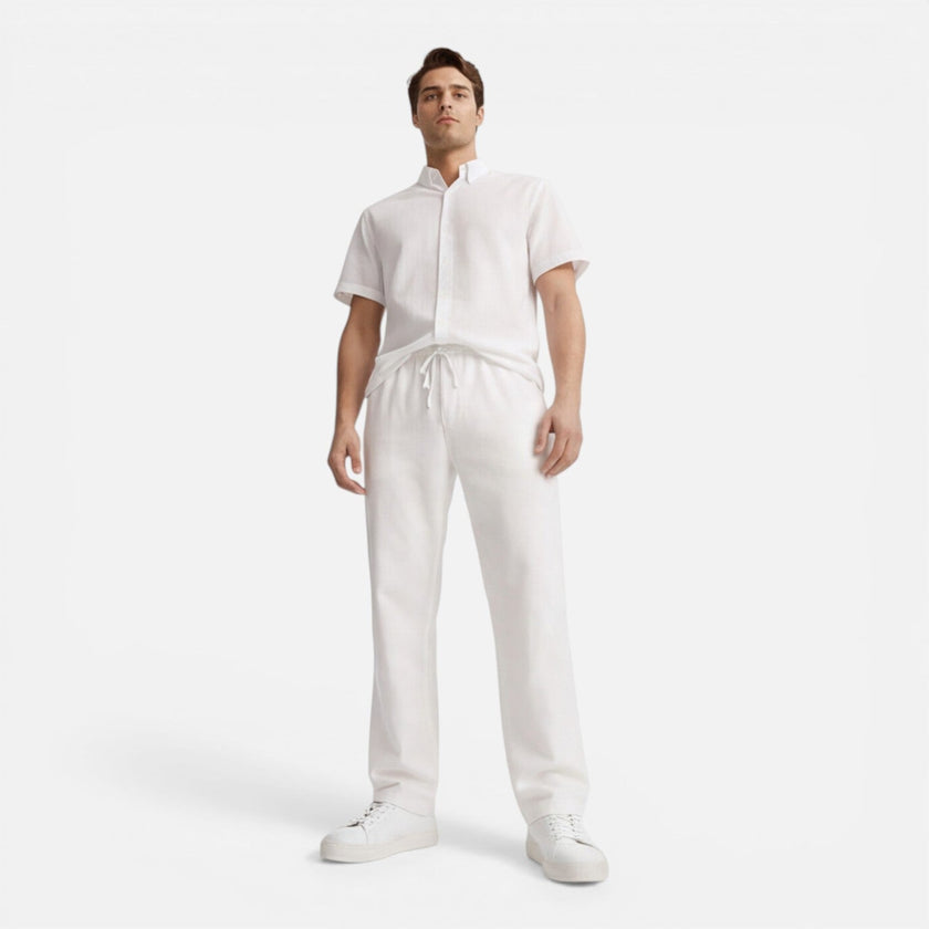 Men's casual 2-piece set by FJØRNA featuring a short sleeve shirt and matching pants, perfect for relaxed everyday wear.