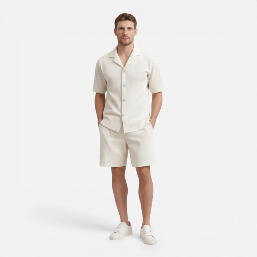 Men's FJØRNA corduroy shirt and shorts set, casual summer outfit, featuring a button-up shirt and matching shorts in a relaxed style.