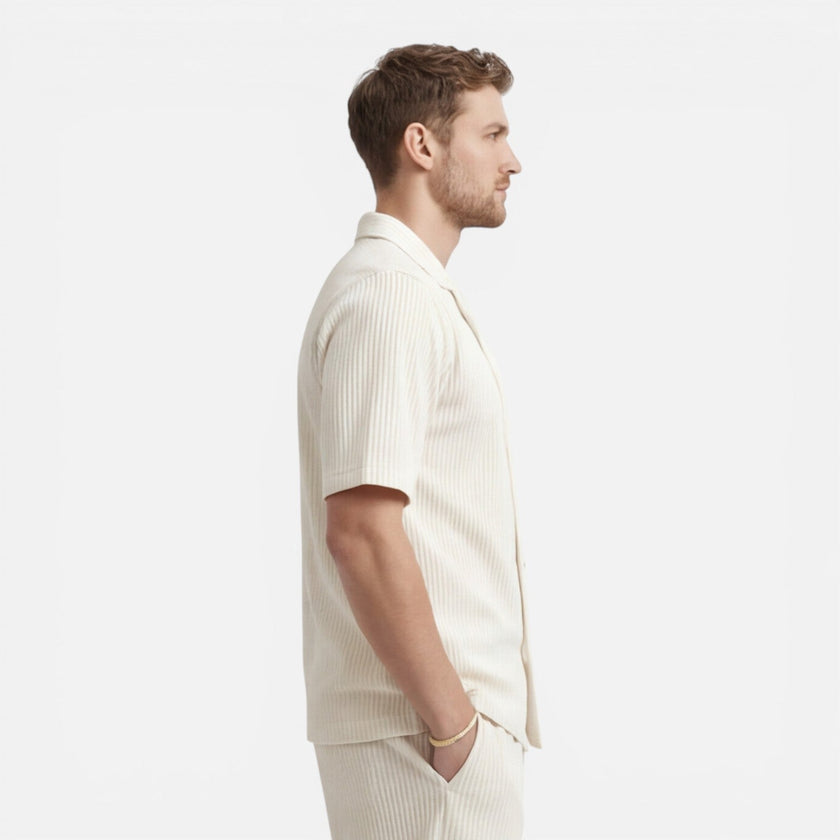 Men's corduroy shirt and shorts set by FJØRNA, casual summer outfit for men, featuring a stylish button-up shirt and matching shorts.