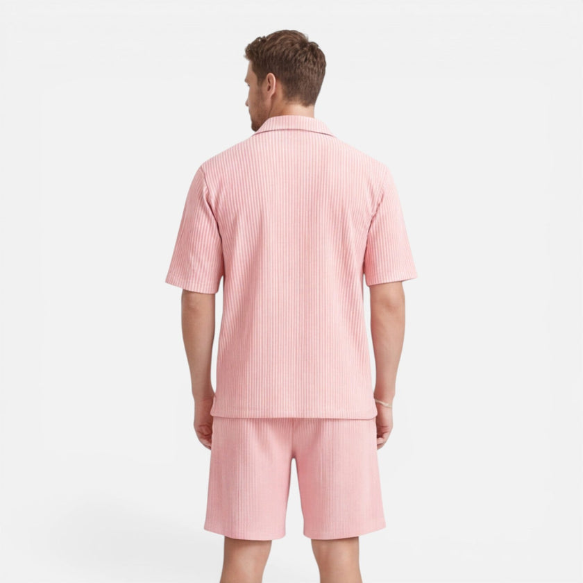Men's corduroy shirt and shorts set by FJØRNA, casual summer outfit, featuring a relaxed fit and comfortable fabric.