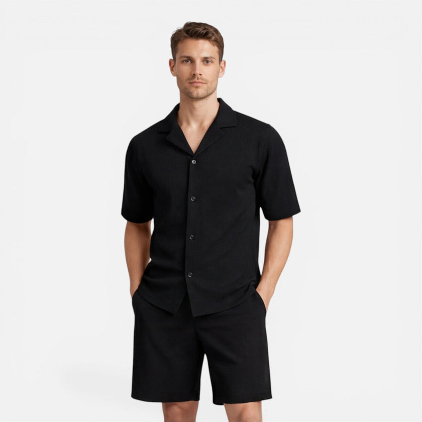 Men's FJØRNA corduroy shirt and shorts set, casual summer outfit, featuring a stylish button-up shirt and matching shorts.