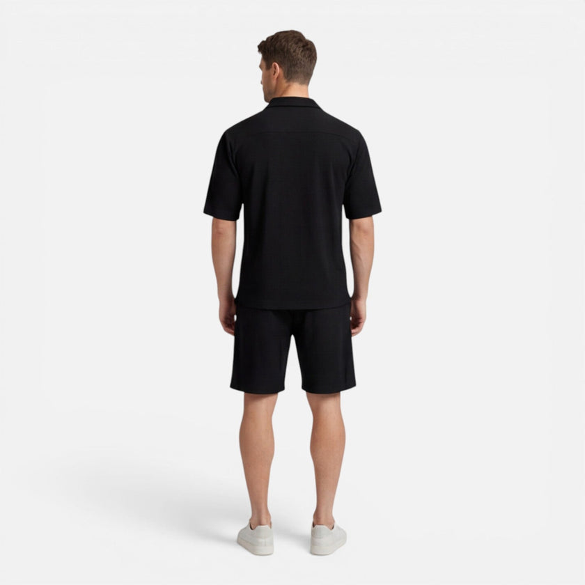 Men's corduroy shirt and shorts set by FJØRNA, casual summer outfit, featuring a button-up shirt and matching shorts.
