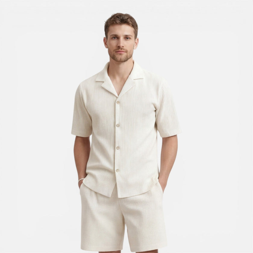 Men's corduroy shirt and shorts set by FJØRNA, casual summer outfit, featuring a relaxed fit and soft fabric in a stylish design.