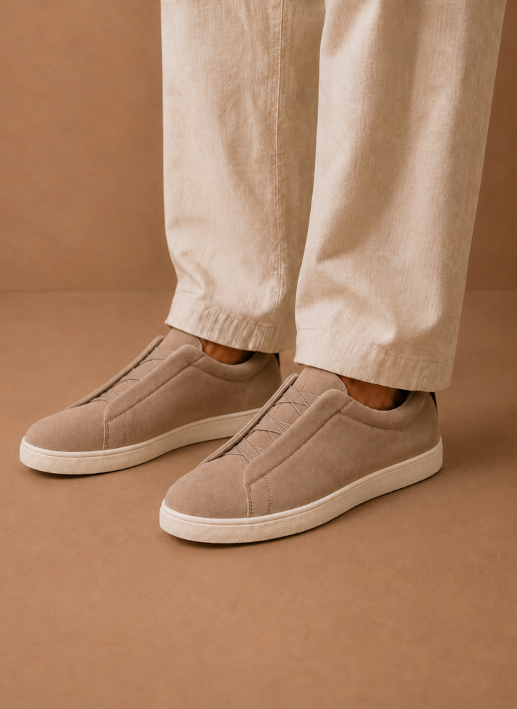 FJØRNA men's suede slip-on sneakers with no laces, lightweight casual shoes for comfortable everyday wear.