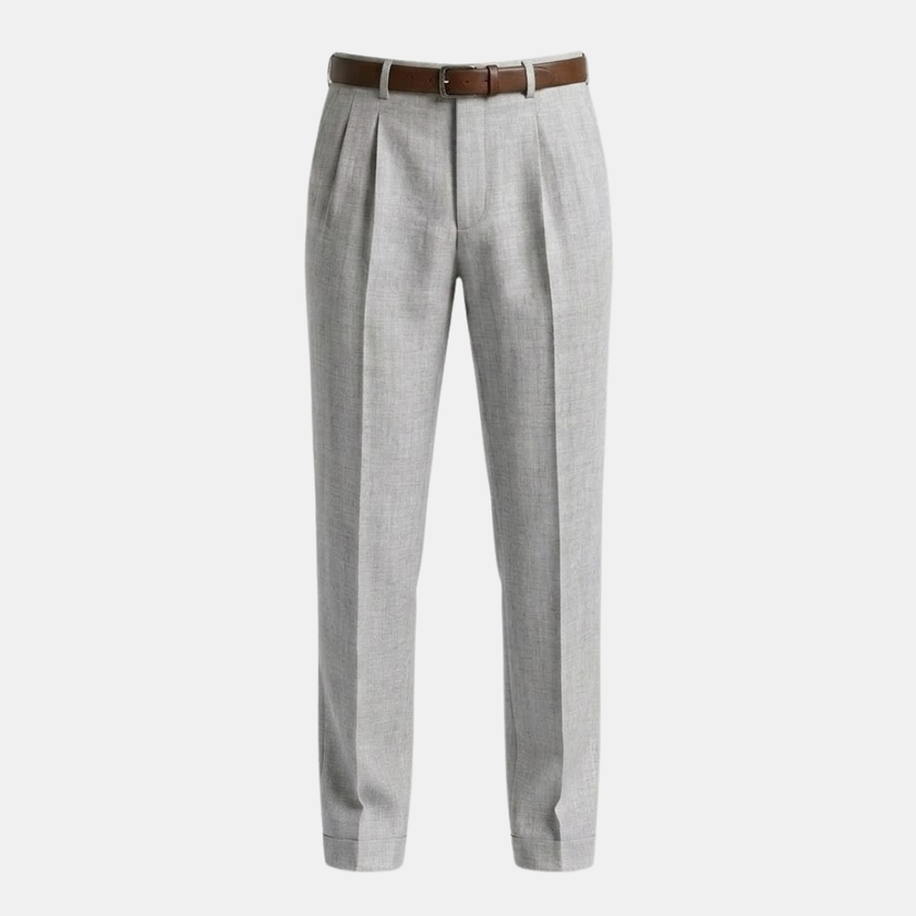 Men's linen blend straight leg trousers by FJØRNA featuring pleats and a classic tailored fit.