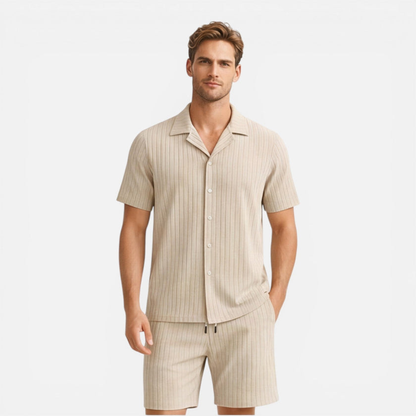 Men's linen shirt and shorts set by FJØRNA, breathable summer co-ord, casual and stylish men's apparel for warm weather.