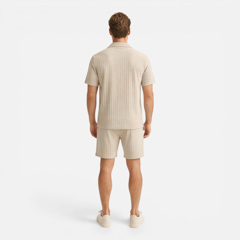 Men's linen shirt and shorts set by FJØRNA, breathable summer co-ord, casual and lightweight for warm weather.