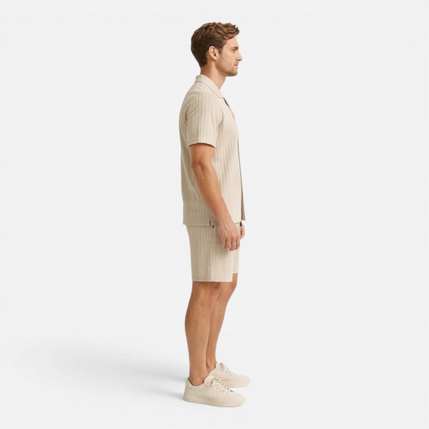 Men's linen shirt and shorts set by FJØRNA, breathable summer co-ord, casual men's set for warm weather, lightweight and comfortable.